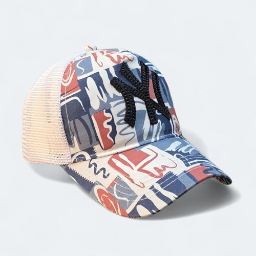 Image of Cotton Net Trucker Cap, Abstract Print, Blue and Red Pattern, Mesh Back