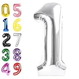 40 Inch Number 1 Balloon, Silver Balloons for Birthday Party Decoration, Foil Number 1 Ballon for 1, 10, 11, 12, 13, 21, 100 Celebration, Boy and Girl Birthday, Baby Shower, Anniversary Decor