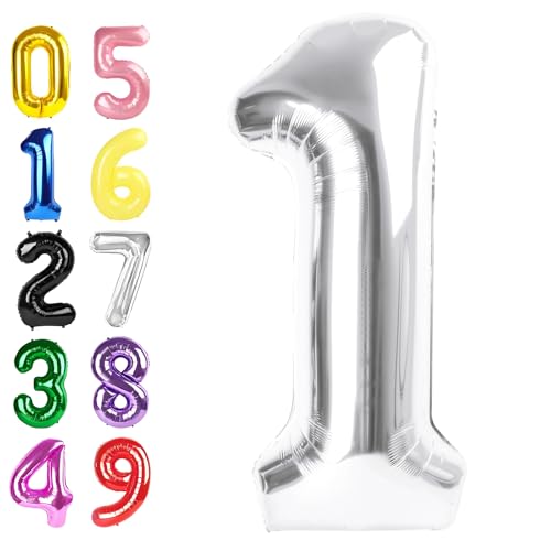40 Inch Number 1 Balloon, Silver Balloons for Birthday Party Decoration, Foil Number 1 Ballon for 1, 10, 11, 12, 13, 21, 100 Celebration, Boy and Girl Birthday, Baby Shower, Anniversary Decor