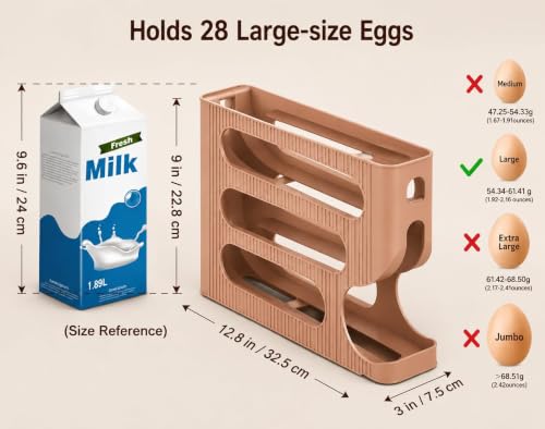 Image of 4-Tier Automatic Rolling Egg Dispenser for Refrigerator - Space-Saving Plastic Egg Holder, Holds Up to 30 Eggs, Roll-Down Design (Light Brown)