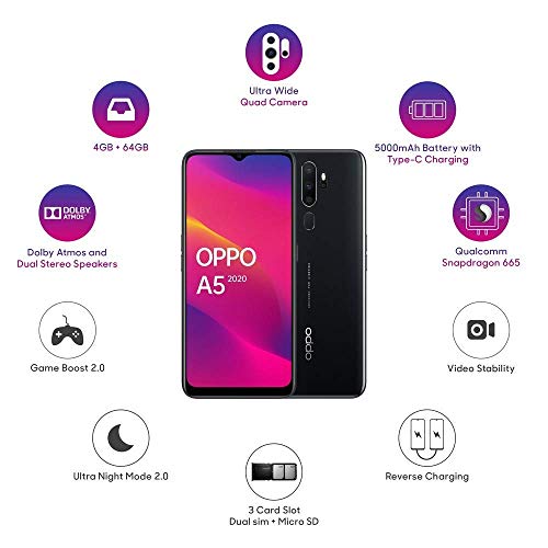 Image of OPPO A5 2020 (Mirror Black, 3GB RAM, 64GB Storage) with No Cost EMI /Additional Exchange Offers