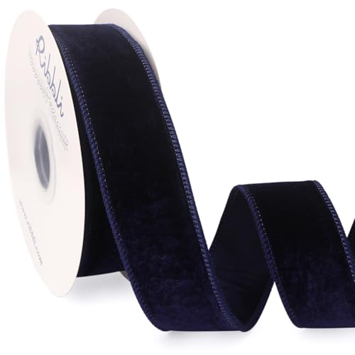 Ribbli Navy Velvet Wired Ribbon 1.5 Inch Velvet with Satin Christmas Ribbon for Gift Wrapping Christmas Tree Decoration Crafts Wreaths Supplies-Continuous 10 Yards
