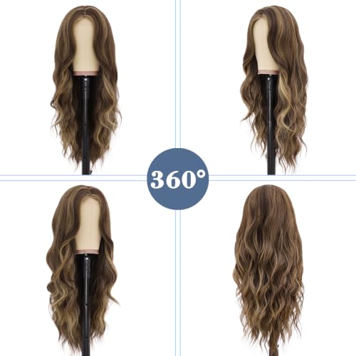 Image of NAYOO Caramel Brown Wig for Women, 26 Inch Middle Part Wavy Synthetic Wig