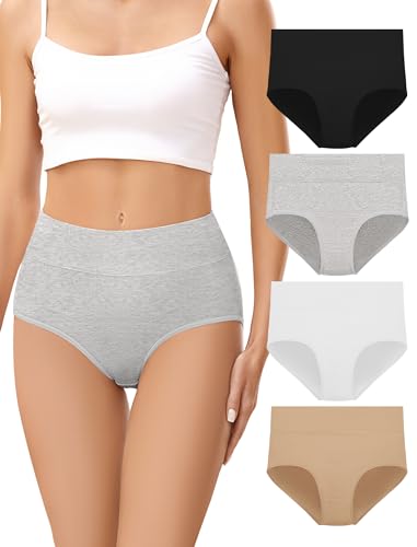 VOENXE Bragas Mujer Algodon,Braguitas Postparto Altas Cintura,Ropa Interior Culotte Talle Alto CóModo Suaves,Women's Underwear Cotton Multipack,Pack de 4