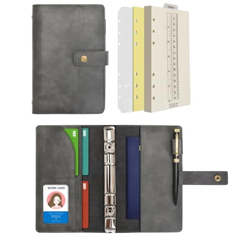 Wonderpool A6 Leder Notizbuch Nachfüllbares 6 Ringbuch Tagebuch Portfolio – Gepunktetes Papier & Innentaschen Organizer für Mann und Frau (Grau, A6)