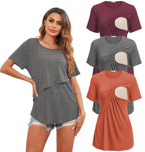 Image of Ekouaer Women's Maternity Shirts Short Sleeves Nursing Tops 3 Pack Double Laye Breastfeeding Tees Pregnancy Clothes S-XXL