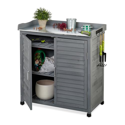 Relaxdays Pflanztisch mit Unterschrank, 3 Haken, Holz, Zinn Arbeitsplatte, HxBxT: 92 x 90 x 45 cm, Gartenschrank, grau
