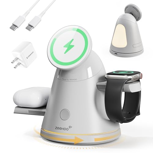 ZEEHOO 3 in 1 Charging Station for Apple Devices Qi2 Mag-Safe Charger Stand&Light Fast Wireless Charging Station for iPhone 17/16/15/14/13/12&AirPods&iWatch&Pixel 10& Samsung Galaxy Watch-30W Adapter