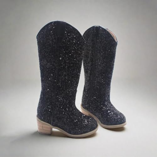 Rhinestone Sparkly Girls Cowboy Boots Kids Dress Boot Pointed Toes Low Heel Mid Calf Zipper Party Birthday Shoes3