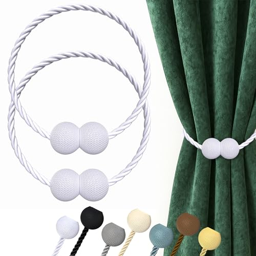 Hion Magnetic Curtain Tiebacks White 2pcs, Curtain Holdbacks Hooks Holders