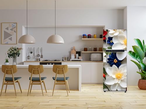 Image of DesignDecor Vinyl 3D Flower Fridge Sticker, 24x60 cm, Marble Texture, Double Door Refrigerator (White)