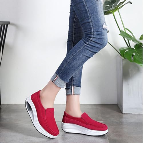 Image of Aceptolcom Women's Red Suede Platform Wedge Loafers, Casual Comfort Good Arch Support Slip On Shoes, Size 4.5-9.5