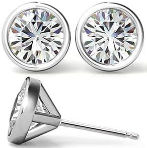0.30-6.00 Ct.tw Round Moissanite Diamond Bezel Set Stud Earrings In 14k Gold For Women,D-VVS1