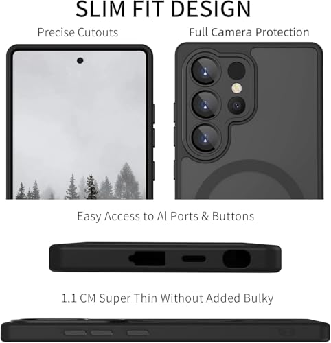 Image of Elzzi Magnetic for Samsung S25 Ultra 5g Case, Upgraded [Full Camera Protection] [Compatible with Magsafe] [Translucent Matte] Shockproof Protective Phone Case for Men & Women - Black