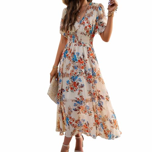 Women's Dress Summer Printed Waist-Slimming V Neck Short Sleeve Beach Long Dresses