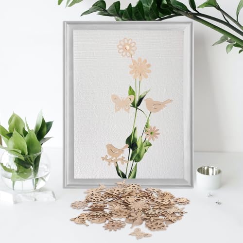 Amosfun 100pcs Unfinished Wood Butterfly Shaped Cutouts Bird Flower Wood Slice Wooden Embellishments for Painting DIY Home Decorations Craft Supplies