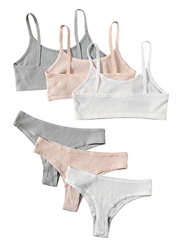 SweatyRocks Women's Basic Ribbed Knit Bra and Panty 3 Pack Lingerie Set Grey Champagne White S