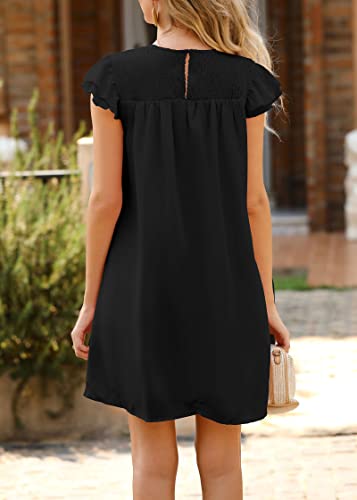 Kirundo Women's 2023 Summer Casual Dress Ruffle Sleeve Crew Neck Short Mini Dress Solid Loose Flowy Chiffon Shift Dresses(Black, Large) #TOP5