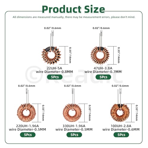 Keadic 25 Pcs Toroid Magnetic Core Inductor Copper Wire Wind Wound Assortment Kit, Inductance Coil Perfect for Transformers DIY Circuit Board( 22UH-5A 47UH-3.8A 220UH-1.96A 330UH-1.96A 100UH-2.8A )