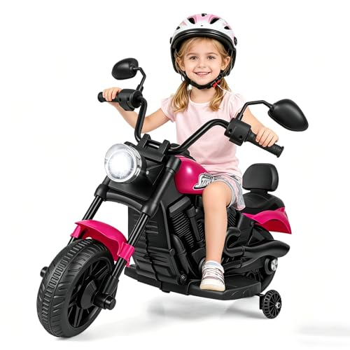 KOMFOTTEU Moto Eléctrica para Niños, Moto de Batería de 6 V con Faro, Música, 2 Ruedas de Entrenamiento y Pedal, Motocicleta Eléctrica con Arranque con un Botón para Niños de 3+ Años (Rosa)