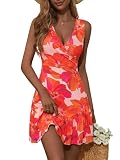 FENSACE Summer Dresses for Women Floral Wrap V Neck Resort Vacation Beach Dresses(Apricot Red Floral-75,Medium)