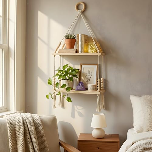 Image of 2-Tier Hanging Shelf with Wall Hook, Use Decor Plants, Books, Decorative Gift Items Nursery Livingroom Wooden Beads & Ring, Tassels Woven Bohemian