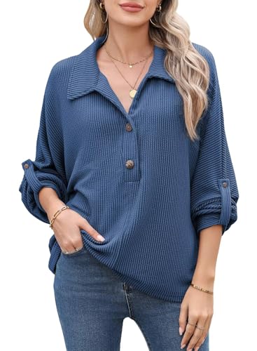 Astylish Women's Casual Blouses Button Down Business Batwing Tops Long Sleeve V Neck Ribbed Shirts 2025 Fall Outfit2