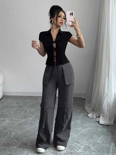 Image of Leriya Fashion Cargo Pants for Woman | Cargo Pants for Women Cotton Wide Leg Utility Fit Flap Pockets | Trousers Fors Women, Relaxed Fit Baggy Pant Airport Outfit for Womens Streetwear Attire