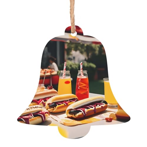 Adornos de madera de Navidad en forma de campana, estampado de perros calientes y limonada, decoración del hogar, árbol de Navidad, oficina, chimenea, decoración de fiesta
