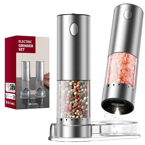 CIRCLE JOY Wiederaufladbares Elektrisches Salz und Pfeffermühlen Set aus Edelstahl mit Sockel mit 95ml Transparenter Behälter, Weißem LED-Licht und Extern Einstellbare Rauheit, Silber