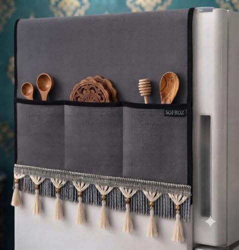 Image of Refrigerator Single Door Waterproof, Dustproof, Protective Cover for Fridges with Extra Storage Space Nylon Top Cover with 6 Storage Pockets (130 x 54 cm) (Grey Lace)