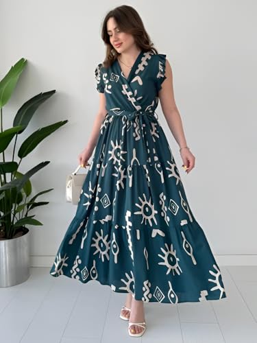 Image of KZULLY | Dress for Women | Feminine Cross Tie Long | Soft Frill Arm Detail Look | Stylish Allover Print Wear
