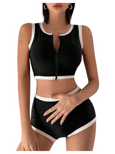 MakeMeChic Women's Bikini Sets Color Block Crew Neck Zip Front Summer Swimsuit Bathing Suits