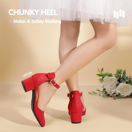 Image of Hehainom Girls Dress Shoes Chunky High Heels Ankle Strap Pumps