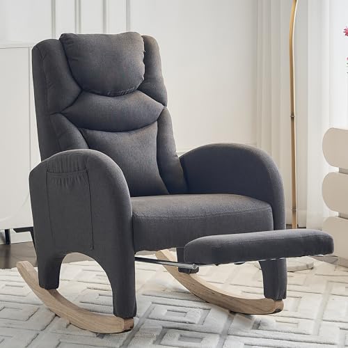 Image of ZKZLAT Rocking Chair with Foot Rest, Nursery Glider Teddy Gliding Rocking Chair with Retractable Footrest Rubber Wood Legs Side Pocket High Back & Wide Seat Nursing Chair for Living Room (Drak Gray)