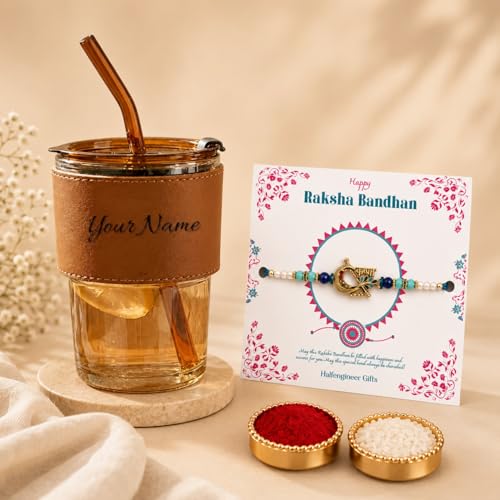 Image of Personalized Name Glass Tumbler with Krishna Rakhi Gift Set for Raksha Bandhan | Custom Engraved Sipper Cup with Designer Rakhi, Roli Chawal Gift for Brother