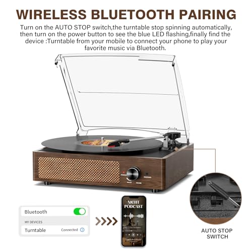 Image of Bluetooth Vinyl Record Player,3-Speed Turntable with Stereo Speakers Vintage Phonograph Record Player, with RCA Line Out AUX in Headphone Jack Coffee Wood