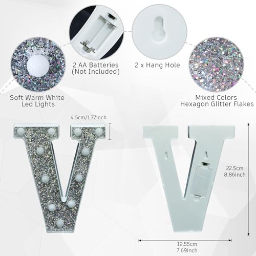 Image of LED Marquee Light Up Letters, 26 Alphabet Lighted Letter and 10 Number, Battery Powered Night Light for Room Decor, Home Birthday Wedding Bar Party Decoration, Shiny Silver Diamond (Letter V)