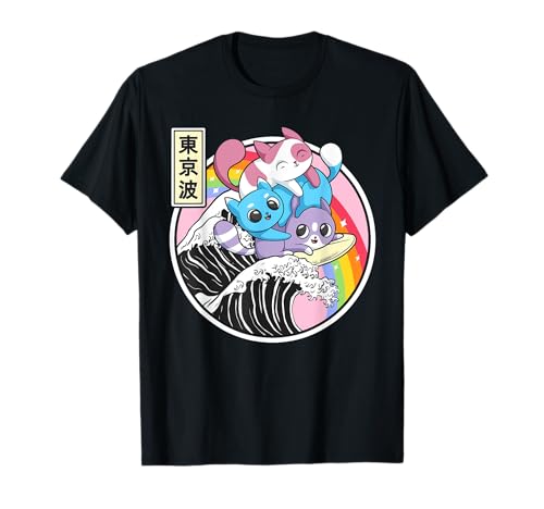 Cute Cats Surfing Great Wave Kawaii Rainbow Anime T-Shirt