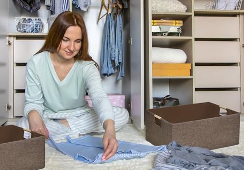 Image of Collapsible Storage Box 16.9 inchx12.5 inchx7 inch with Wooden Handles | Foldable Organizer for Closet, Shelves, Toys & Cosmetics | Durable Linen-Polyester Fabric | Space-Saving Home Organization 2Pack