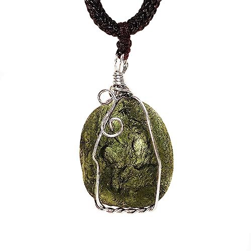 Moldavite Crystal Necklace,Raw Czech Meteorite Stone Birthstone Pendant,Green,Irregualr Shape,Wire Wrap