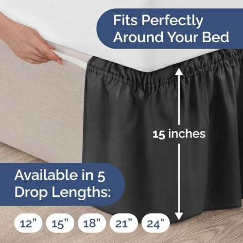 Image of Bed Skirt - Wrap Around Dust Ruffle Bed Frame Cover with Easy Fit Elastic Strap, Double Size 12 Inch Inch Drop, Microfiber Pleated, Machine Washable | Black, (72inchx72inch)