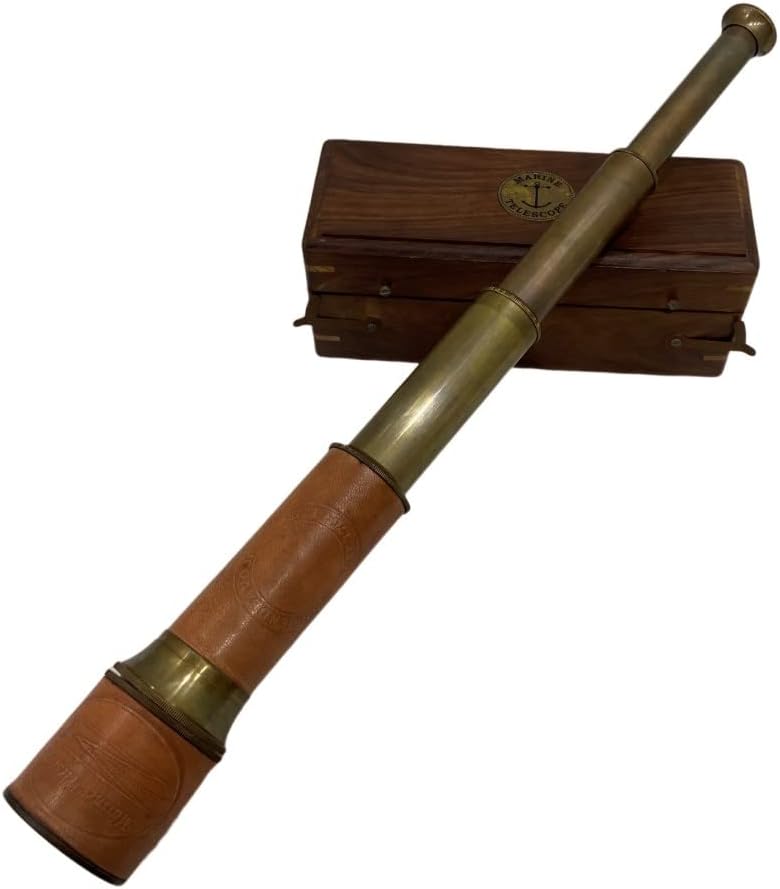 Vintage Brass Spyglass Telescope with Leather Case & Wooden Box Handheld Pirate Scope for Nautical Decor, Cosplay Travel Adventures & Antique Collectible Gift