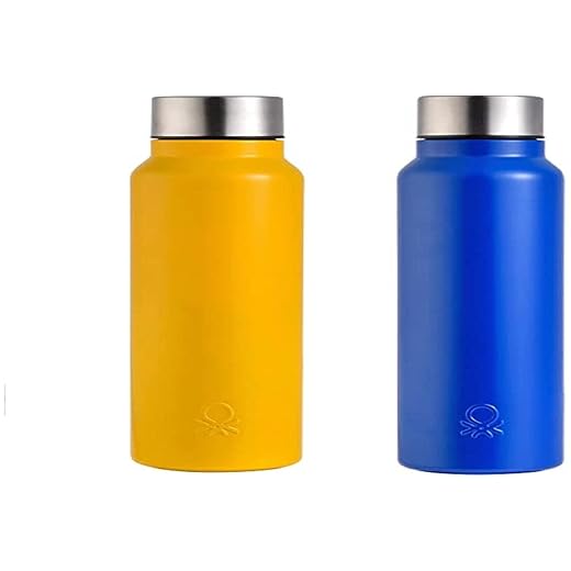 United Colors Of Benetton. 2 Botellas De Agua 750 Ml C/U, Acero Inoxidable, Amarillo Y Azul