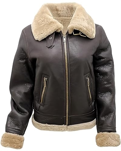 Peak Fashions Damen B3 Bomber Shearling Lederjacke - Vintage Flight Pilot Style mit gemütlichem Kunstfellfutter, Braun – echtes Leder, M