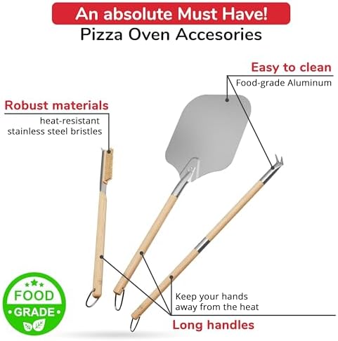 Pizza Oven Accessories Set - 3 Piece Pizza Making Kit with Pizza Peel, Pizza Oven & Stone Brush with Scraper, Turning Fork & Bubble Popper - Tools for Indoor Outdoor Brick Wood Gas Ovens