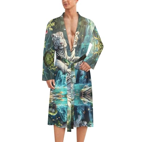 White Tiger Waterfalls Funny Men's Robe Soft Lightweight Bathrobe Long-sleeve Spa Robes