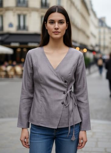 Image of Women's Cotton Tops | Casual Wrap V Neck Top | Long Sleeve Textured Side Tie Shirt | Elegant Slim Fit Crossover Tunic | Stylish Office Wear & Trendy Streetwear Apparel(38-K-1-4)