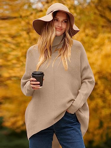 Image of ANRABESS Womens Casual Fall Sweater Turtleneck High Neck Batwing Sleeve Oversized Sweater Dress A87-shenxing-S Deep Apricot