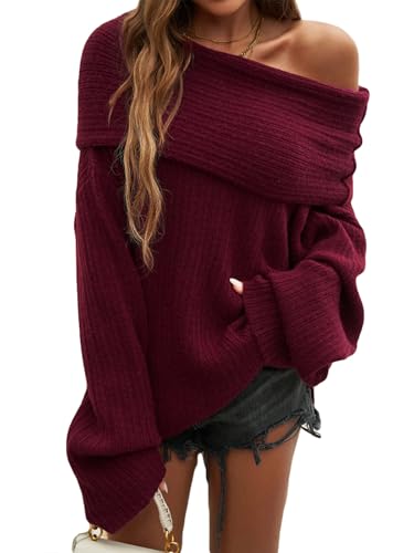 Tbahhir Off The Shoulder Oversized Sweaters for Women Batwing Long Sleeve Chunky Slouchy Cable Knitted Pullover Tops